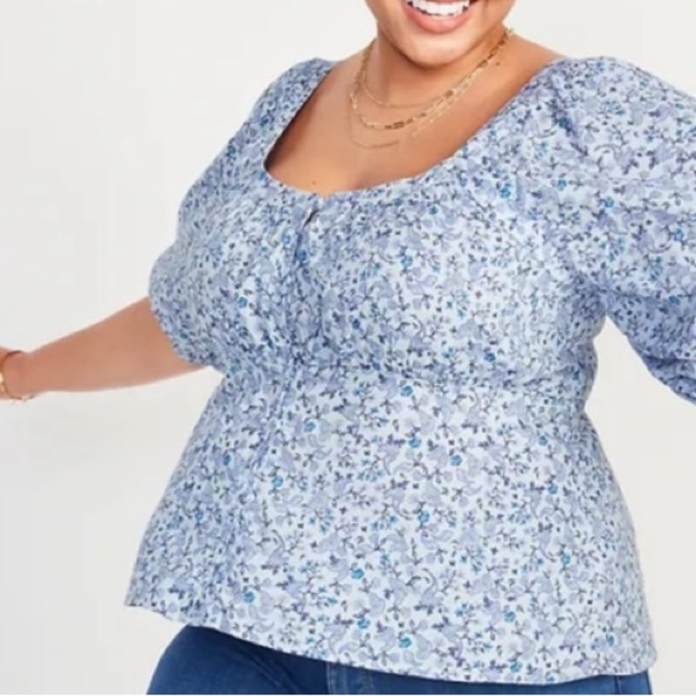 Old Navy Top 2x Blue Paisley Peasant Puff Short Sleeve Smocked Back Scoop Neck